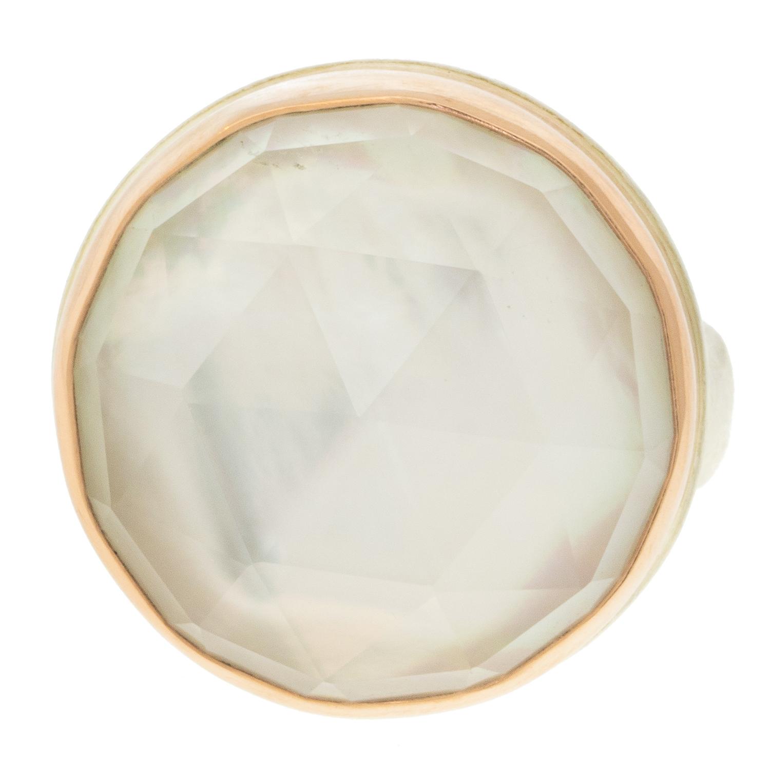 Jamie Joseph: Sterling & 14K Rose Gold Ring w/ Round Rose Cut ROCK CRYSTAL OVER MOTHER OF PEARL on Groovy Band size 7 3/4" in diameter