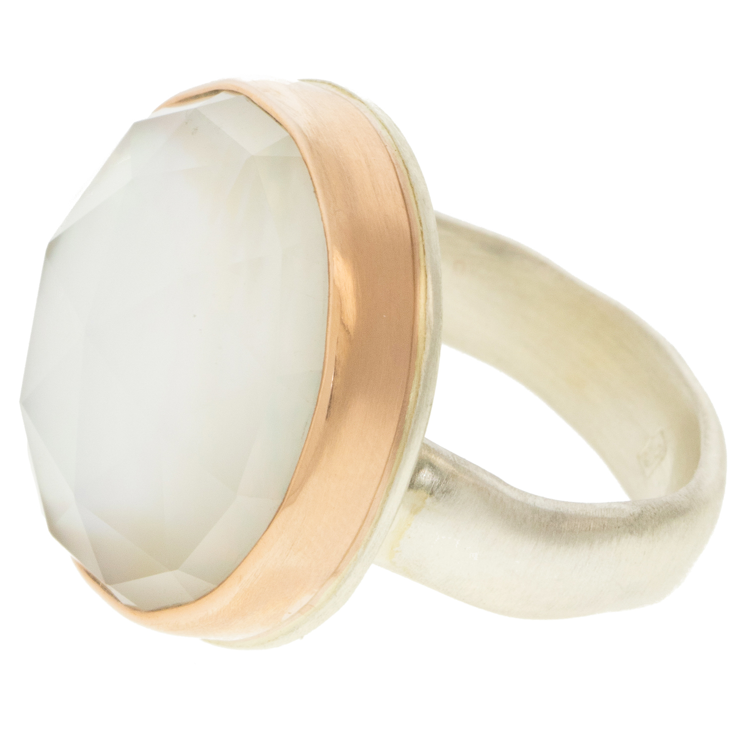 Jamie Joseph: Sterling & 14K Rose Gold Ring w/ Round Rose Cut ROCK CRYSTAL OVER MOTHER OF PEARL on Groovy Band size 7 3/4" in diameter