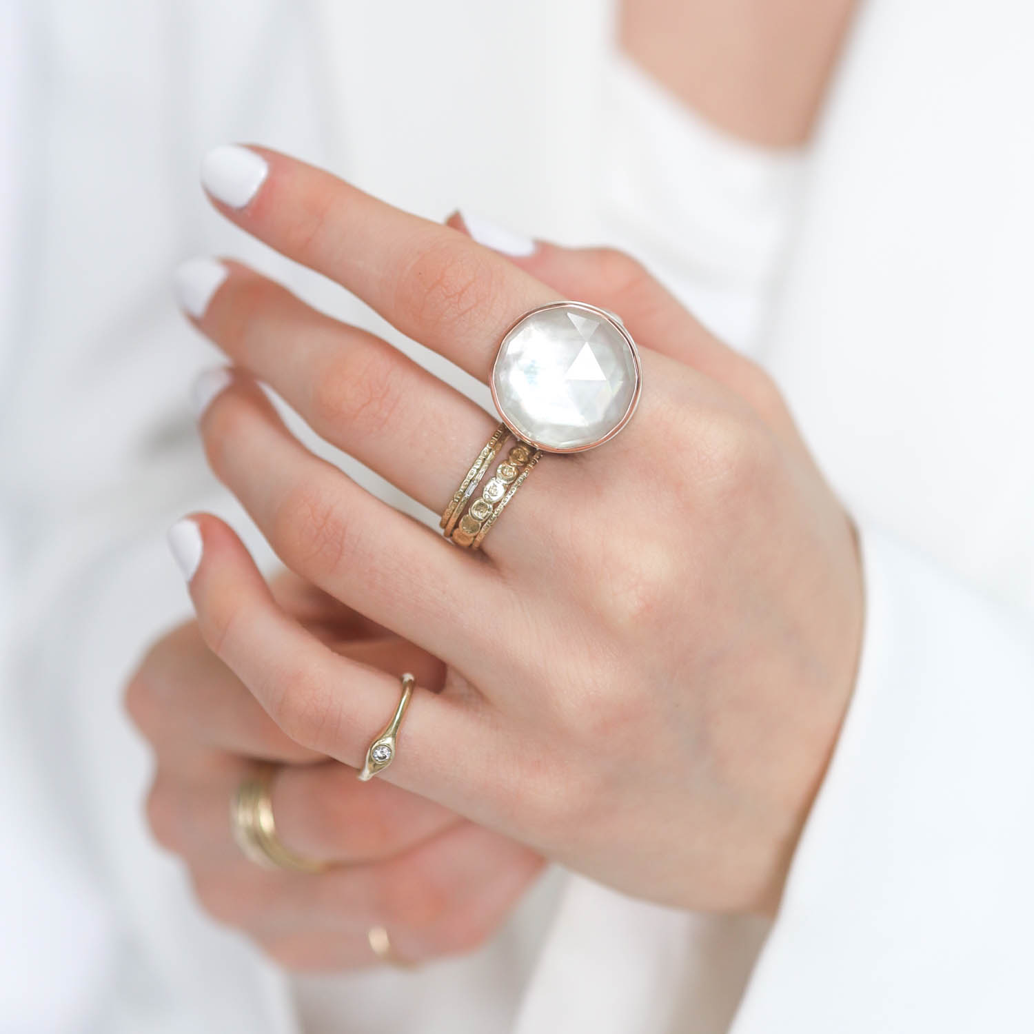 Jamie Joseph: Sterling & 14K Rose Gold Ring w/ Round Rose Cut ROCK CRYSTAL OVER MOTHER OF PEARL on Groovy Band size 7 3/4" in diameter