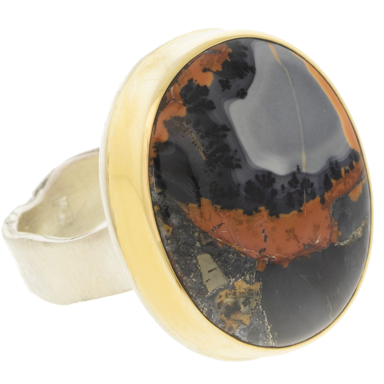Jamie Joseph:Sterling & 14K Gold Ring w/ Vertical Oval MALIGANOJASPER on Wide Eroded Live Edge Band size 8 7/8" x 3/4"