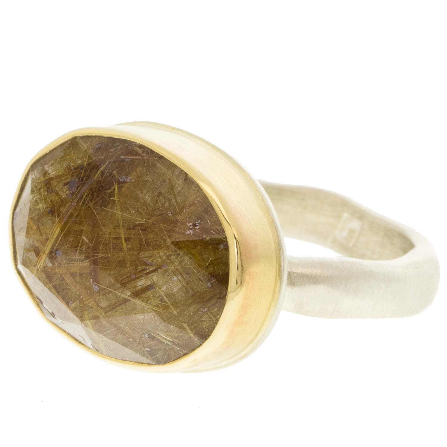 Jamie Joseph: Sterling & 14K Gold Ring w/ Oval Rose Cut GOLDENRUTILATED QUARTZ on Middle Groovy Band, size 8 1/2" x 11/16"