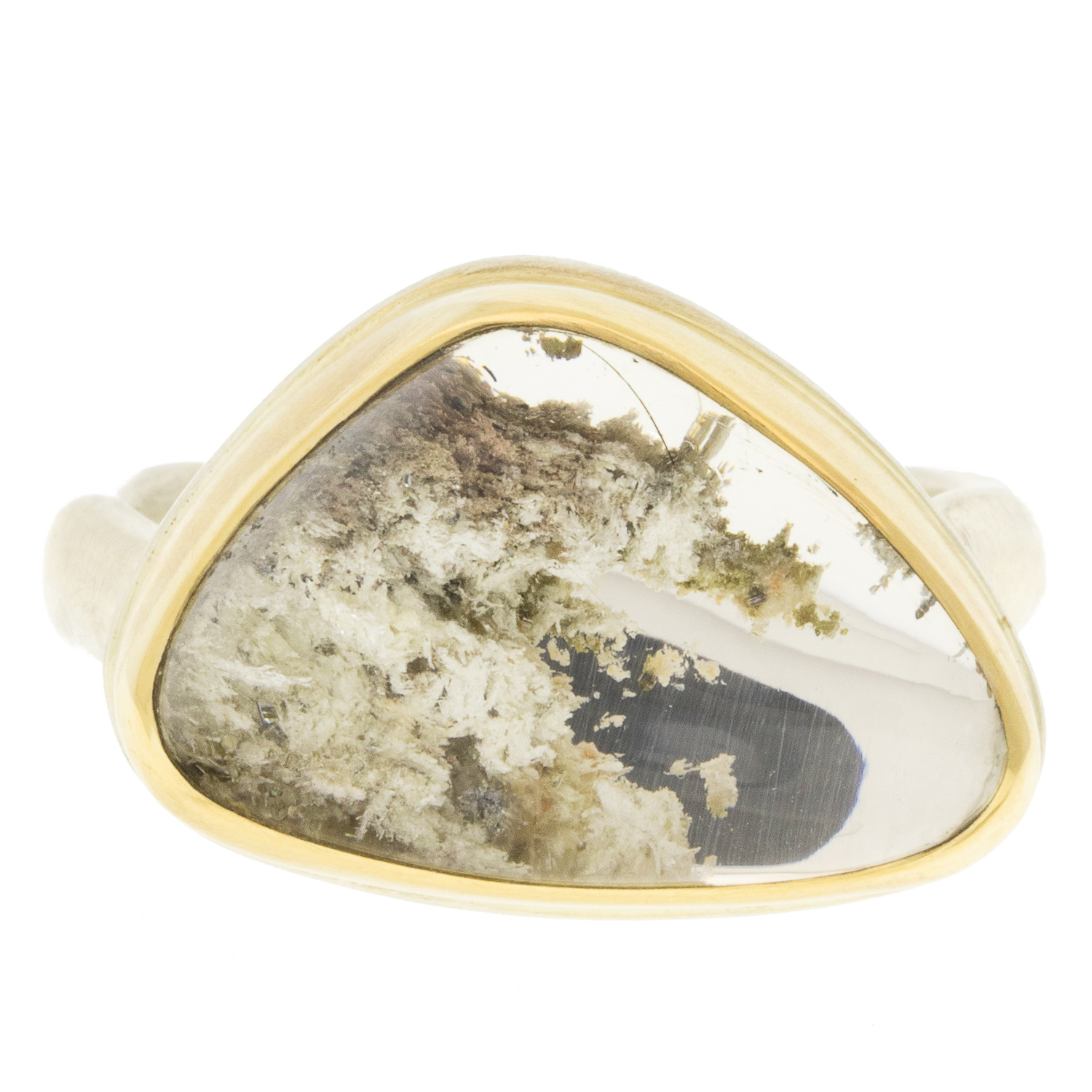 Jamie Joseph:Sterling & 14K Gold Ring w/ Asymmetrical SmoothPYRAMID MOUNTAIN QUARTZ on Middle GroovyBand size 7.25 1/2" x 3/4"