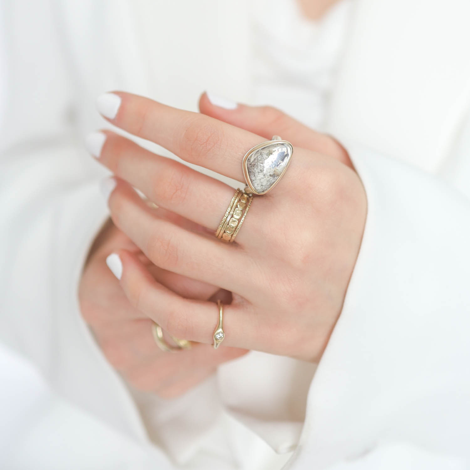 Jamie Joseph:Sterling & 14K Gold Ring w/ Asymmetrical SmoothPYRAMID MOUNTAIN QUARTZ on Middle GroovyBand size 7.25 1/2" x 3/4"