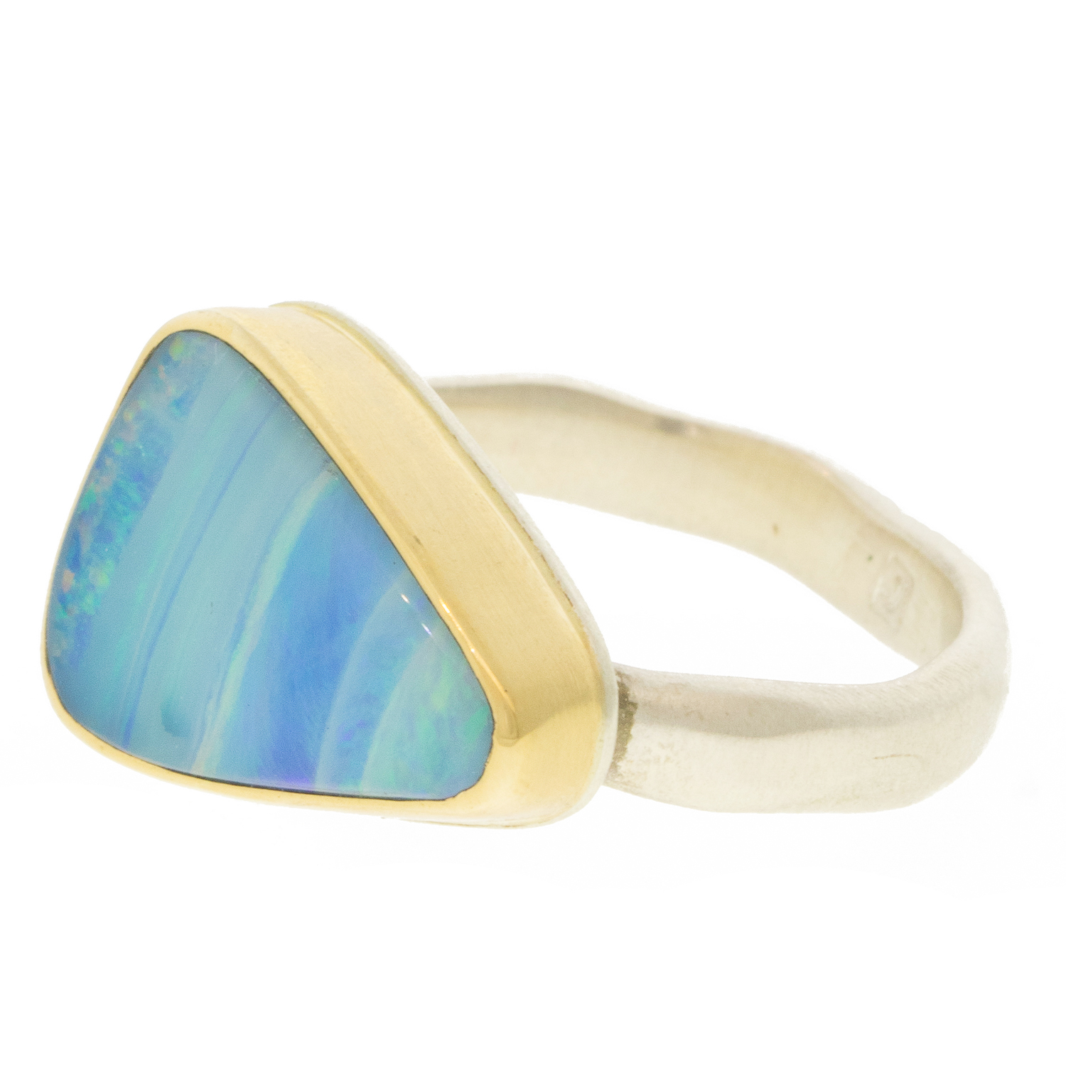 Jamie Joseph: Sterling & 14K Gold Ring w/ Triangular BOULDER OPAL on Middle Groovy Band, size 7.25, 1/2" x 11/16"