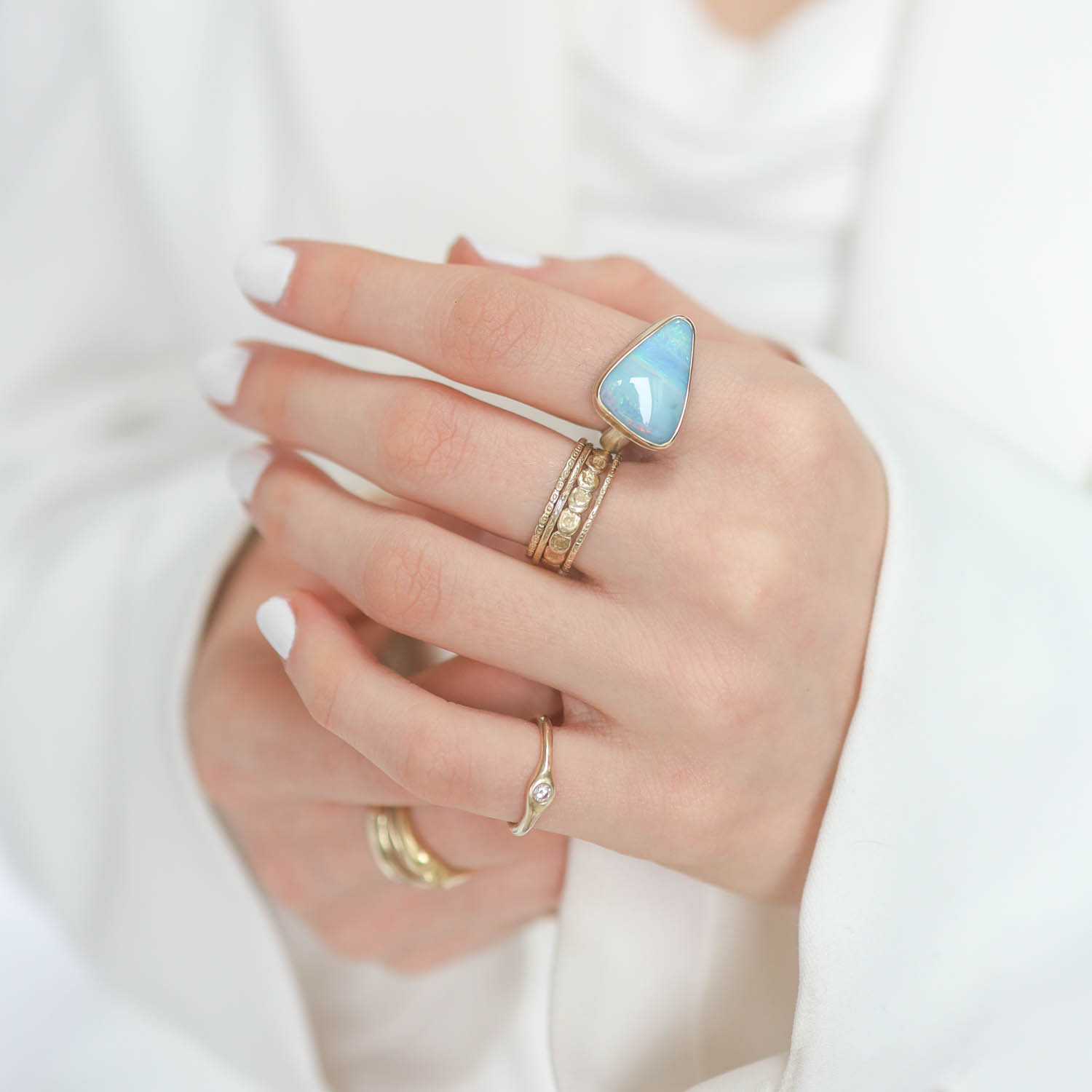 Jamie Joseph: Sterling & 14K Gold Ring w/ Triangular BOULDER OPAL on Middle Groovy Band, size 7.25, 1/2" x 11/16"