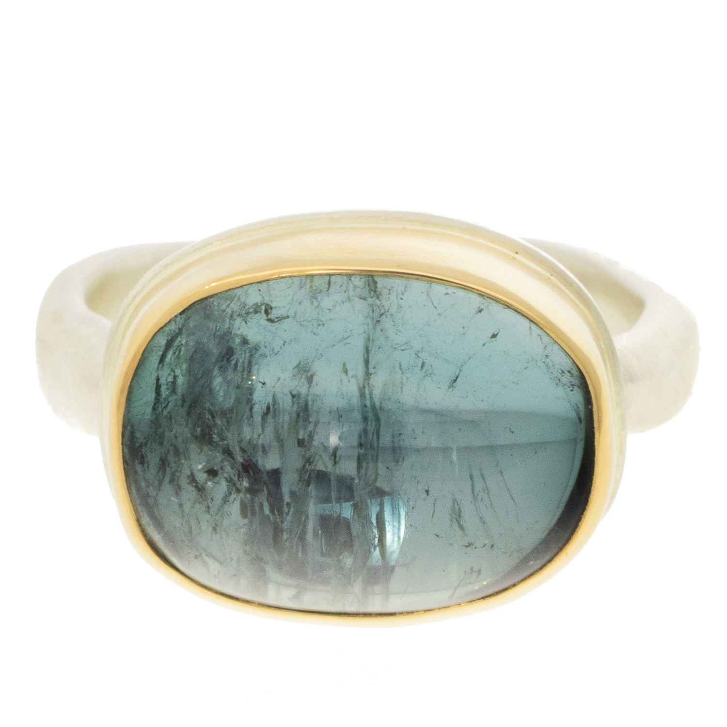 Jamie Joseph: Ring, Sterling &14K gold Ring w/ Small oval Blue Tourmaline on MIddle Groovy Band, size 7.25, 7/16" x 9/16"