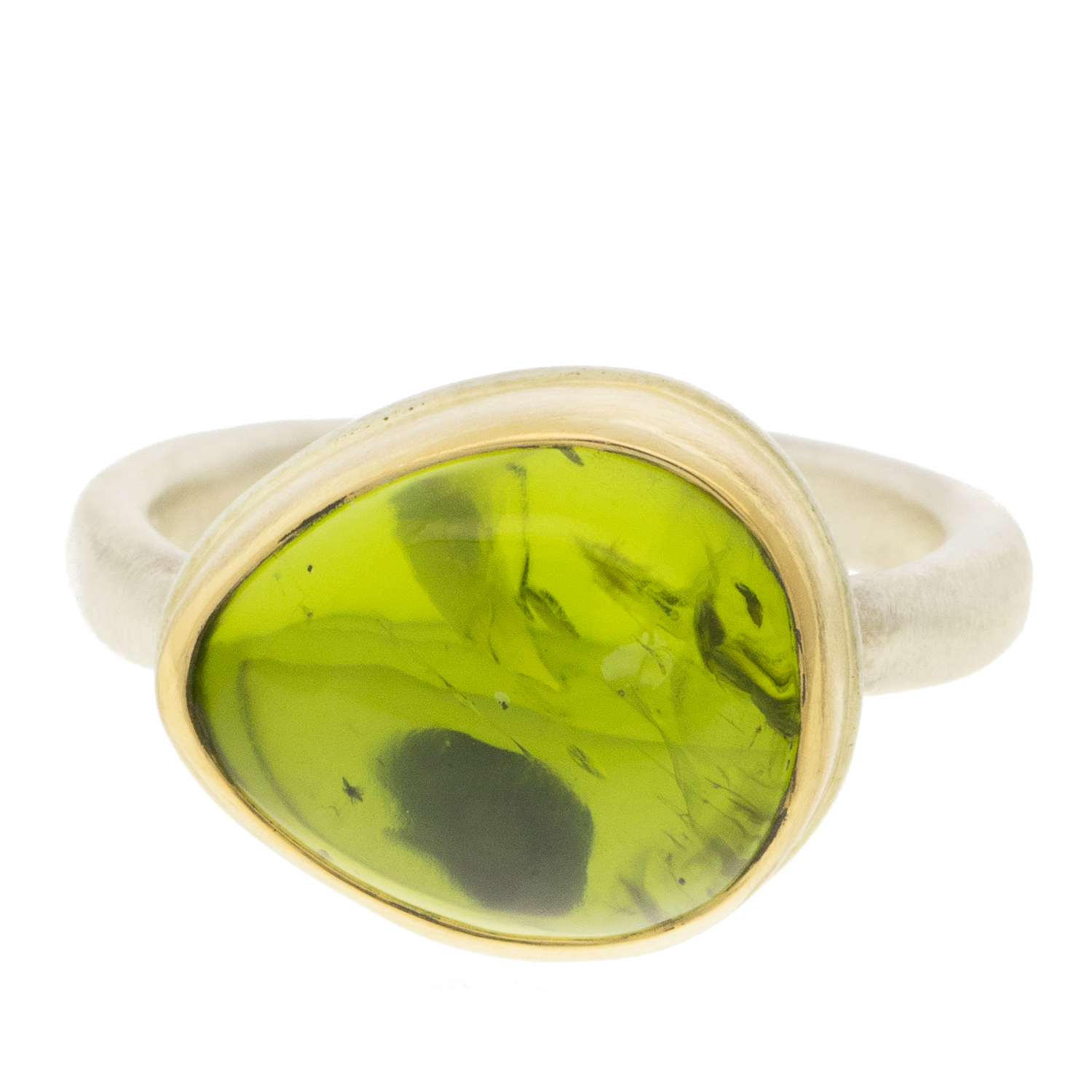 Jamie Joseph: PERIDOT Sterling & 14K Gold Ring w/ Small Teardrop Smoothon Middle Organic Band size 7, 3/8" x 1/2"