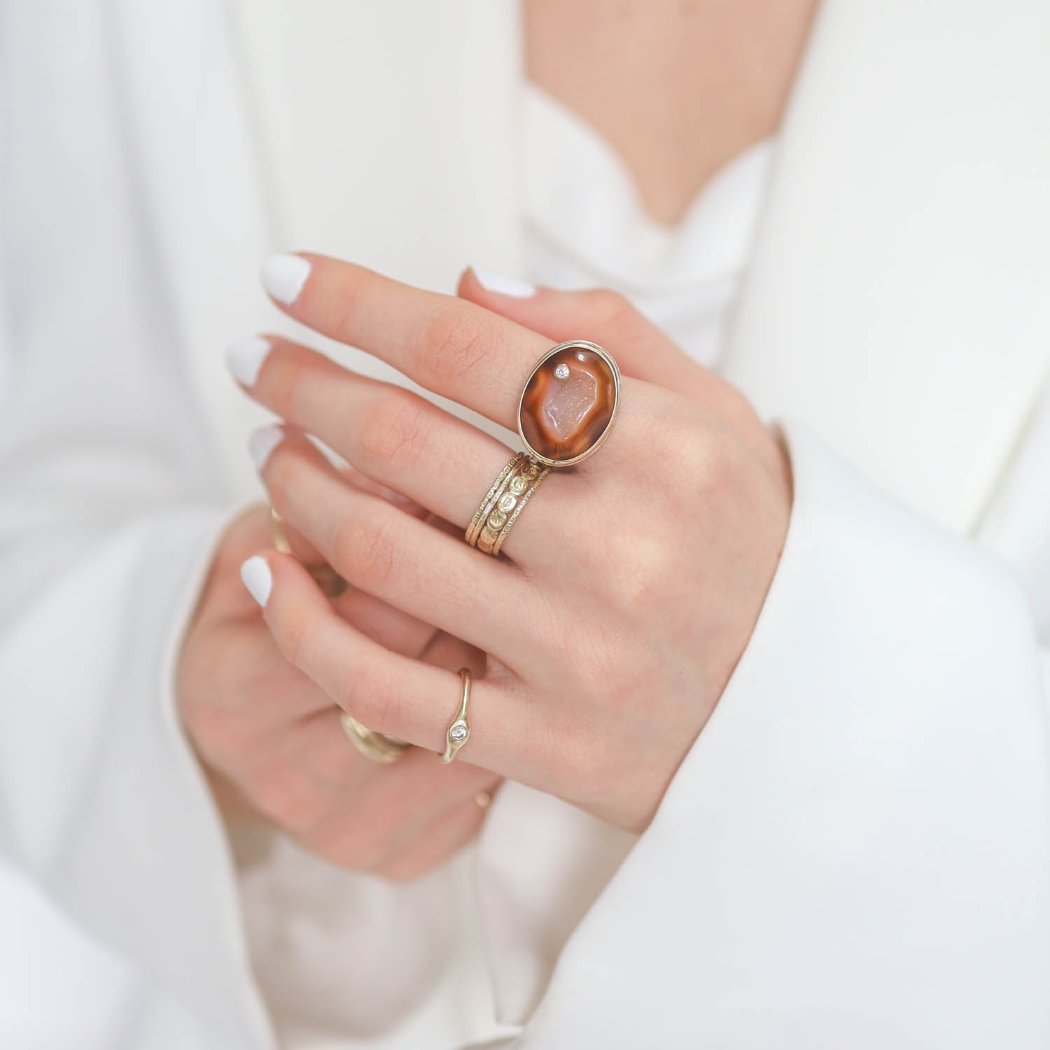 Jamie Joseph: Sterling & 14K Gold Ring w/ Oval BALI DARK DRUSY & .03 ct Diamond on Soft Live Edge Band size 7, 9/16" x 3/4"