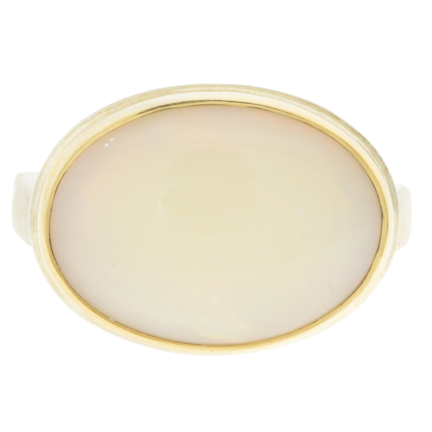 Jamie Joseph: SSterling & 14K Gold Ring w/ Oval AUSTRALIAN OPAL on Open Back Platform and Soft Live Edge Band size 6.75 1/2" x 11/16"