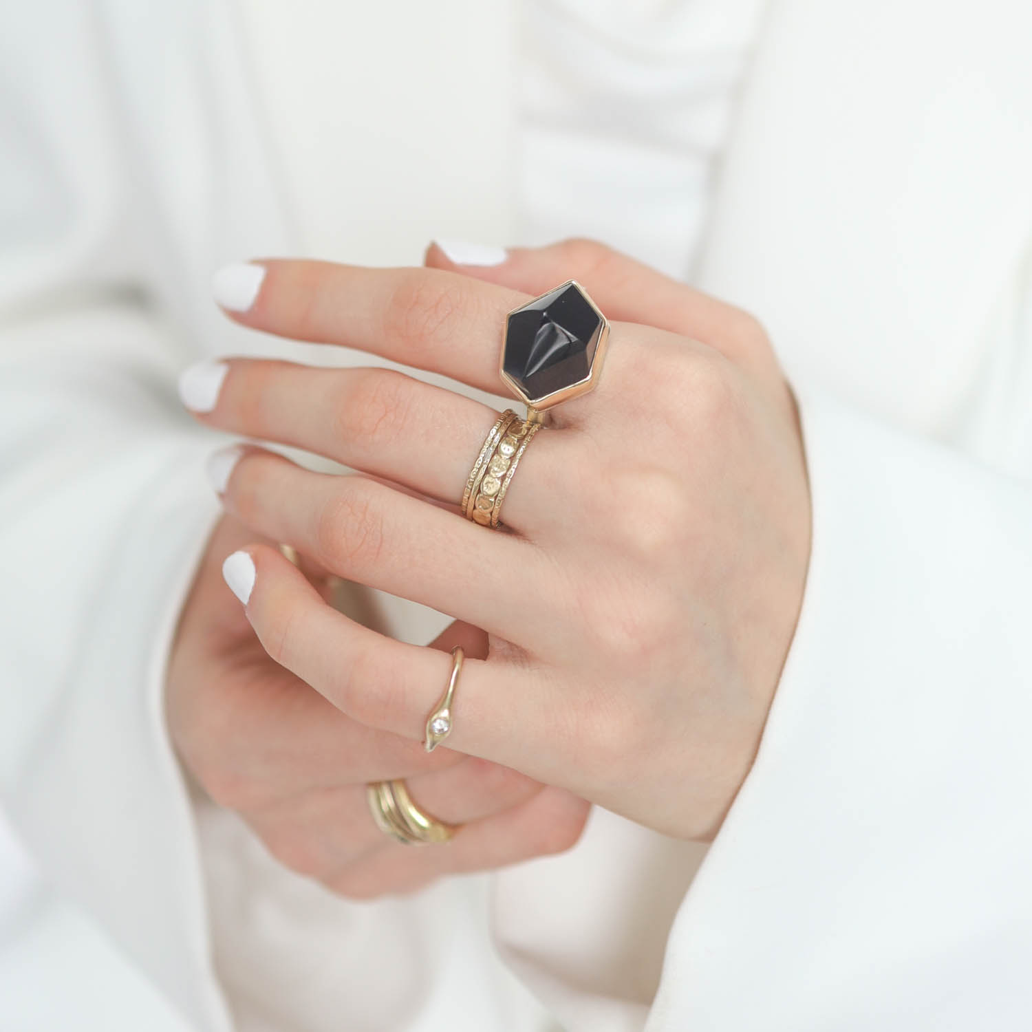Jamie Joseph: Sterling & 14K Gold Ring w/Asymmetrical Faceted Black Onyx on X Band size 8, 5/8" x 3/4"
