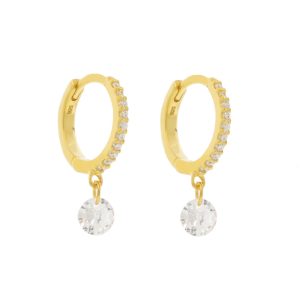 Tai: Gold vermeil huggies with floating CZ (8mm inner diam), measure 11/16" x 1/8" including charm, hoops are 7/16" in diameter