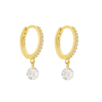 Tai: Gold vermeil huggies with floating CZ (8mm inner diam), measure 11/16" x 1/8" including charm, hoops are 7/16" in diameter