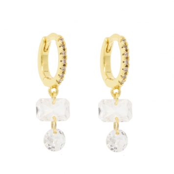 Tai: Gold CZ huggie with double unset CZ , baguette/ round, measure 3/4" x 1/4" including charms, hoop measure 3/8" in diameter