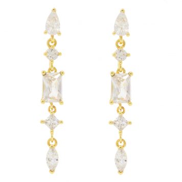 Tai: Gold short linear drop with mixed shape CZ, measure 1 5/16" x 3/16"