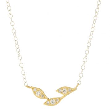Yasuko Azuma: 18ky 3 leaf, 0.1ct diamonds, ss chain measures 16", leaf cluster measures 3/16" x 9/16"