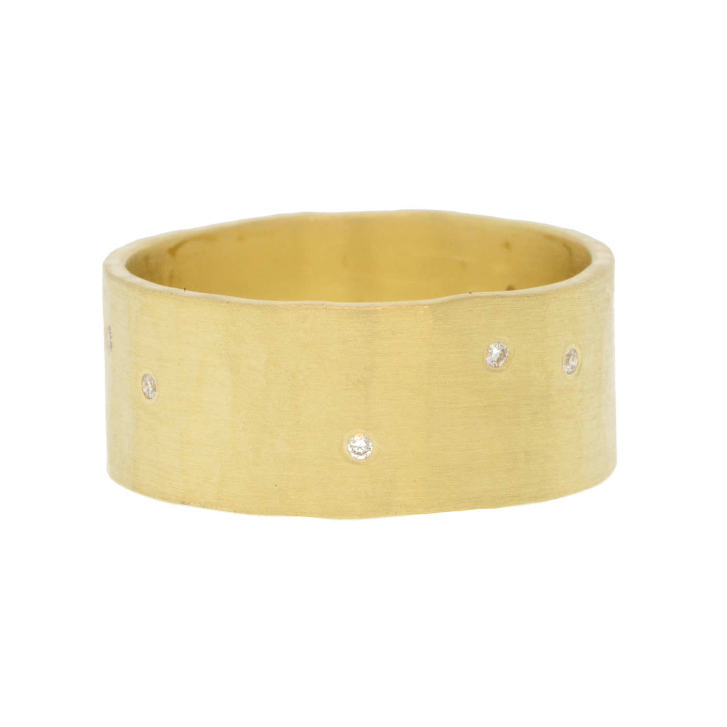 Sarah McGuire: Ring, Parchment Scatter 8mm Band, Diamonds .045TCW, 18K Gold, size 7, measures 5/16" in width
