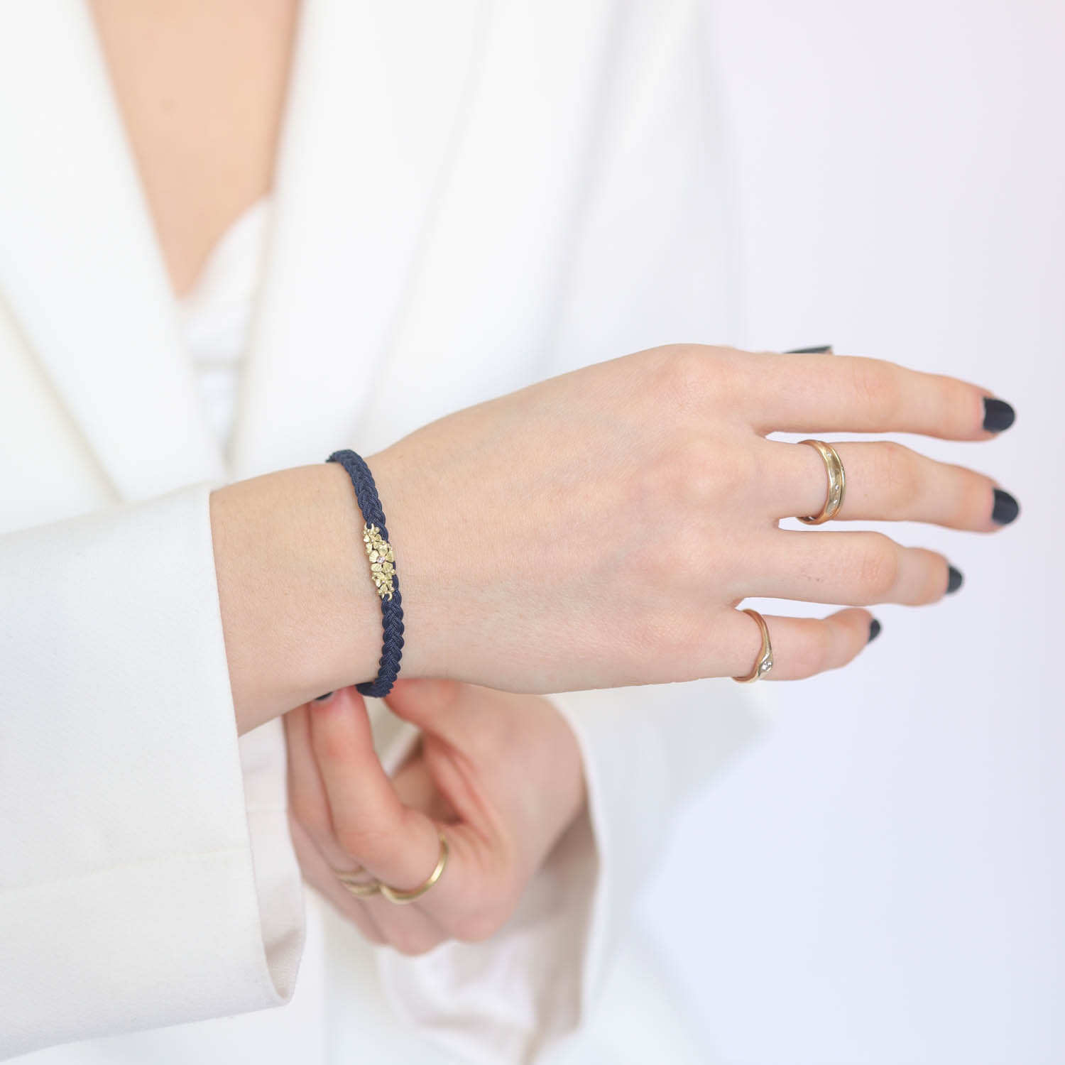 Lene Vibe: Bracelet,18k gold with flowers,0.01CT White diamonds,cultured pearls,Black Nylon cord
