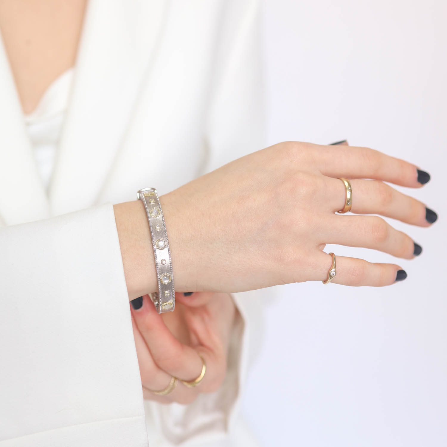 Jude Frances: Bracelet, Sterling silver white rhodium JFJ Finish Yellow, Diamonds, .05TCW Faceted Rainbow Moonstone 5/16" in width