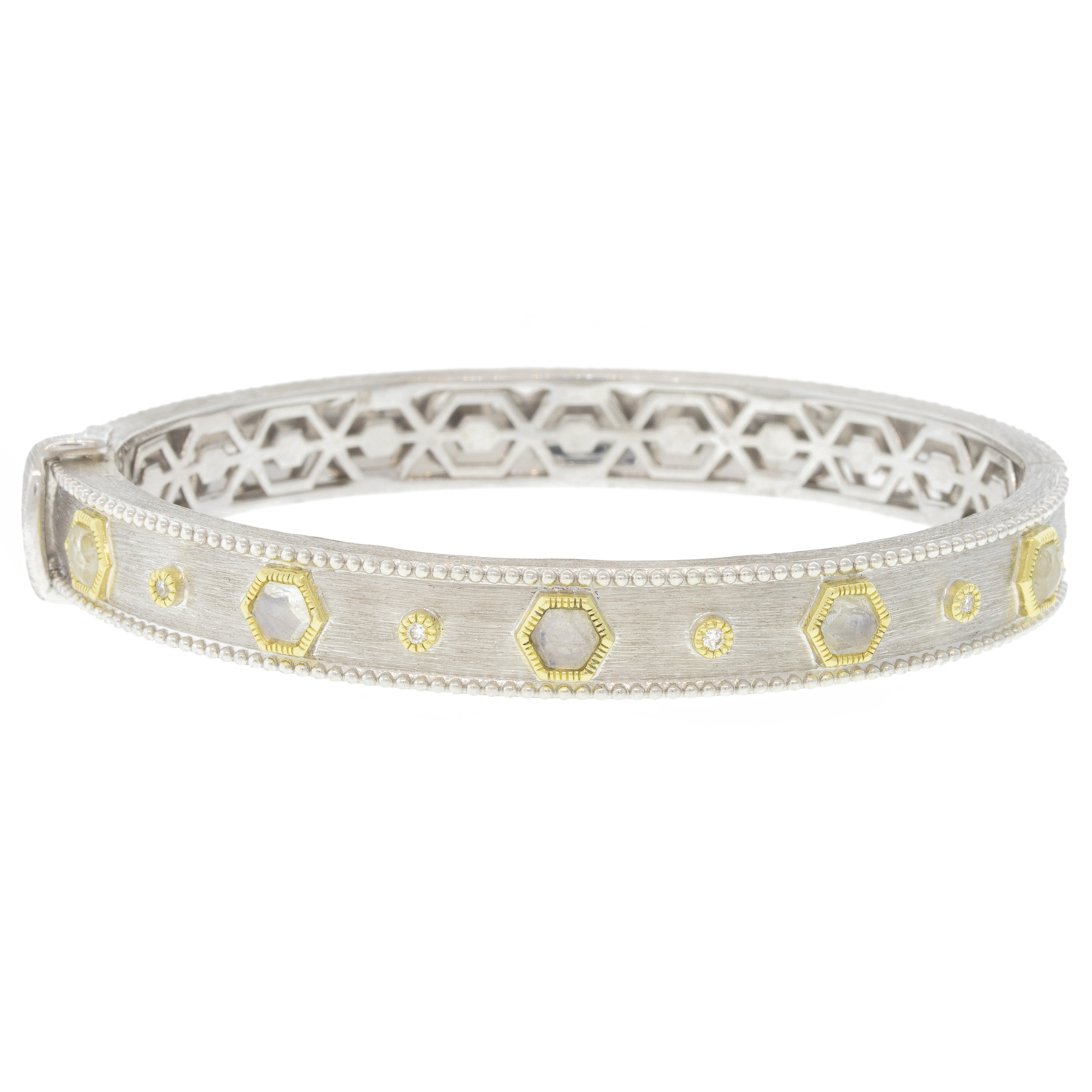 Jude Frances: Bracelet, Sterling silver white rhodium JFJ Finish Yellow, Diamonds, .05TCW Faceted Rainbow Moonstone 5/16" in width