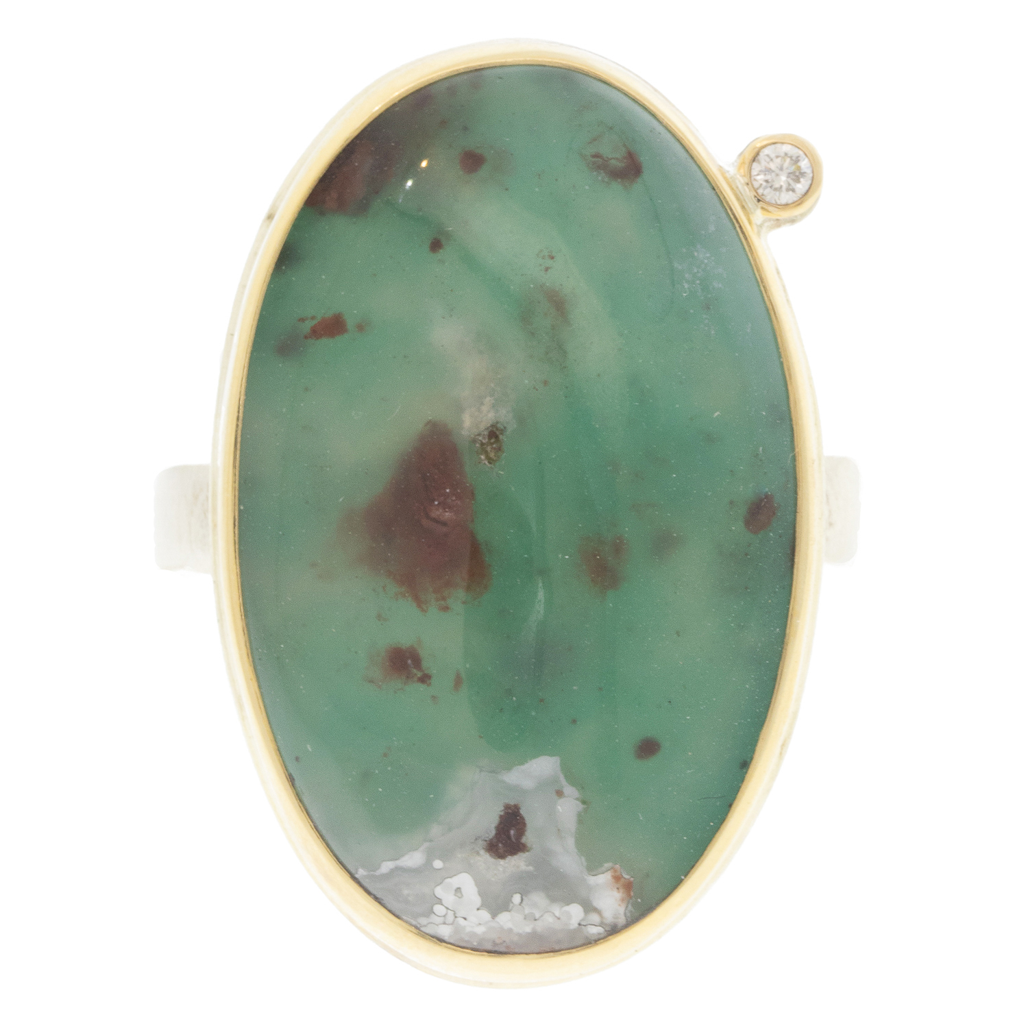 gold and silver ring with aquaprase and diamond by jewelry designer Jamie Joseph