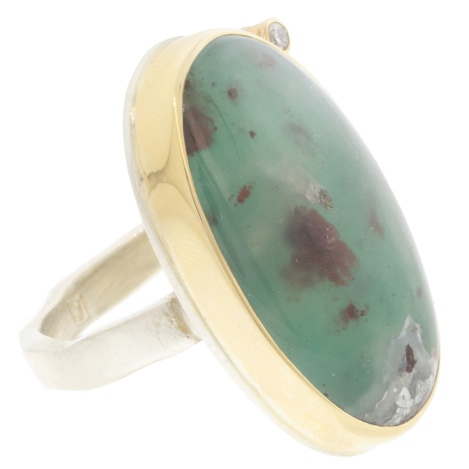 Jamie Joseph: AQUAPRASE Sterling & 14K Gold Ring & .03 ct Satellite Diamond on Soft Live Edge Band size 6.75 1 1/16 x 5/8"