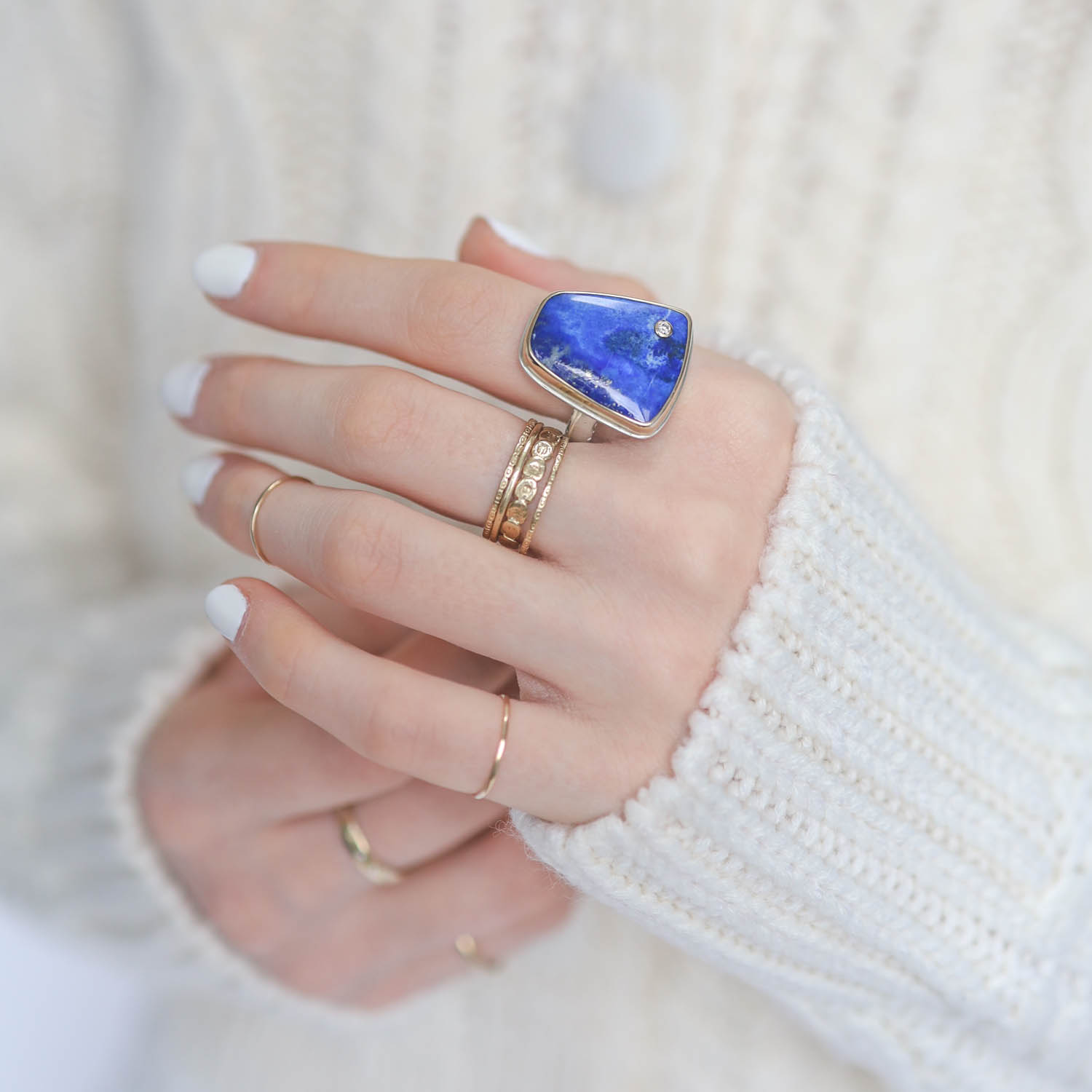 Jamie Joseph: LAPIS Sterling & 14K Gold Ring w/ Vertical Asymmetrical Smooth & .03 ct Diamond on Middle Bark Band sz 7.5