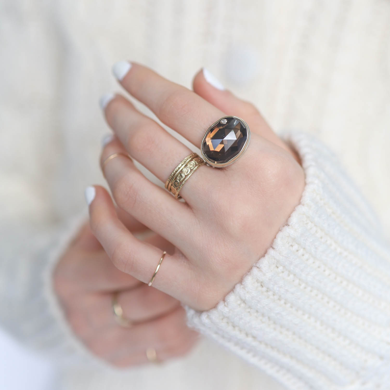 Jamie Joseph: SMOKY QUARTZ Sterling & 14K Gold Ring w/ Oval Rose Cut & .03 ct Diamond on X Band sz 7