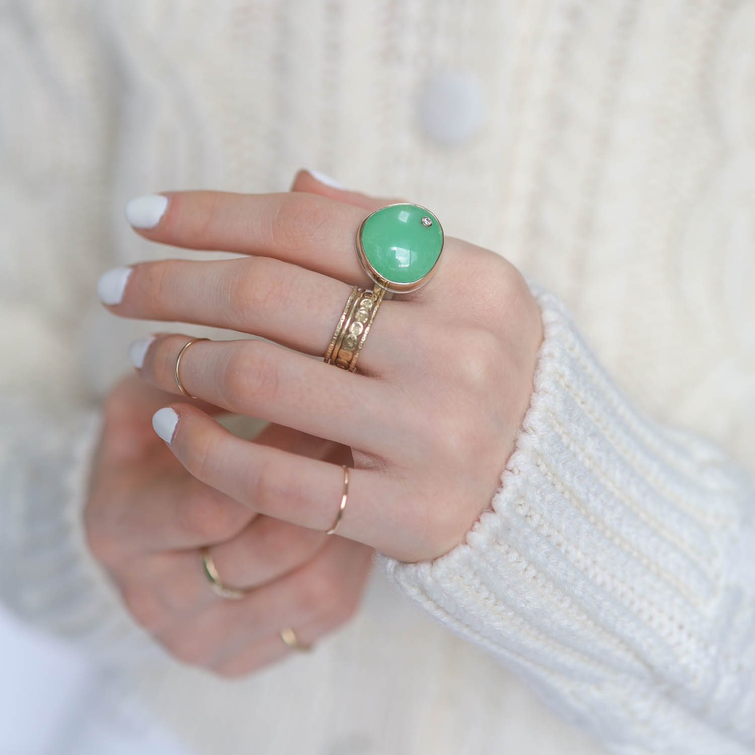 Jamie Joseph: GREEN QUARTZ Sterling & 14K Gold Ring w/ Asymmetrical Smooth & .03 ct Diamond on Live Edge Band sz 8
