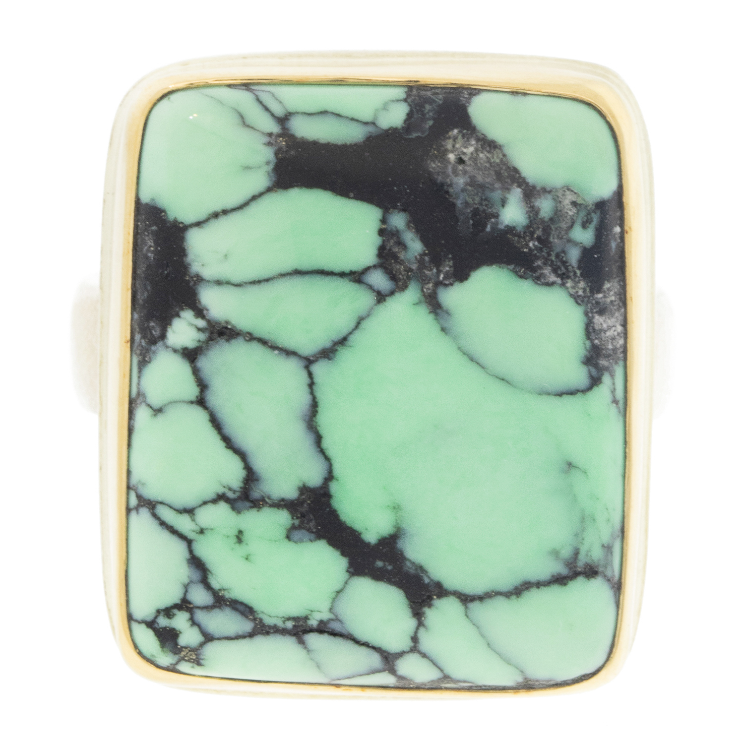 Jamie Joseph: Sterling & 14K Gold Ring w/ Vertical Rectangular EMERALD ROSE VARISCITE on Comfort Band, size 8.5, 7/8" x 11/16"