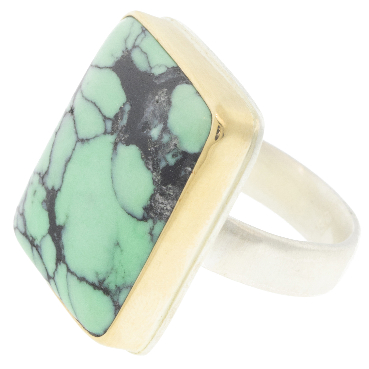 Jamie Joseph: Sterling & 14K Gold Ring w/ Vertical Rectangular EMERALD ROSE VARISCITE on Comfort Band, size 8.5, 7/8" x 11/16"