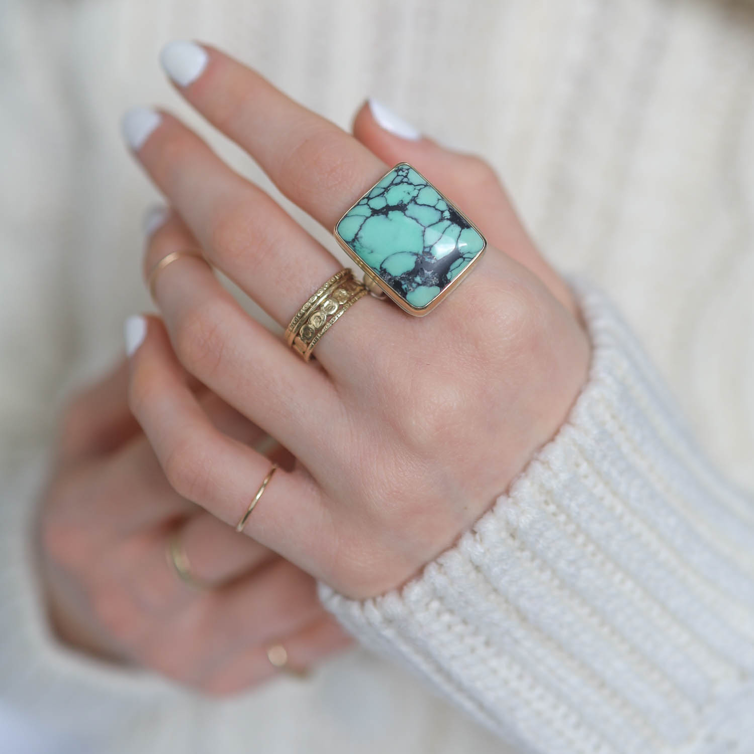 Jamie Joseph: Sterling & 14K Gold Ring w/ Vertical Rectangular EMERALD ROSE VARISCITE on Comfort Band, size 8.5, 7/8" x 11/16"