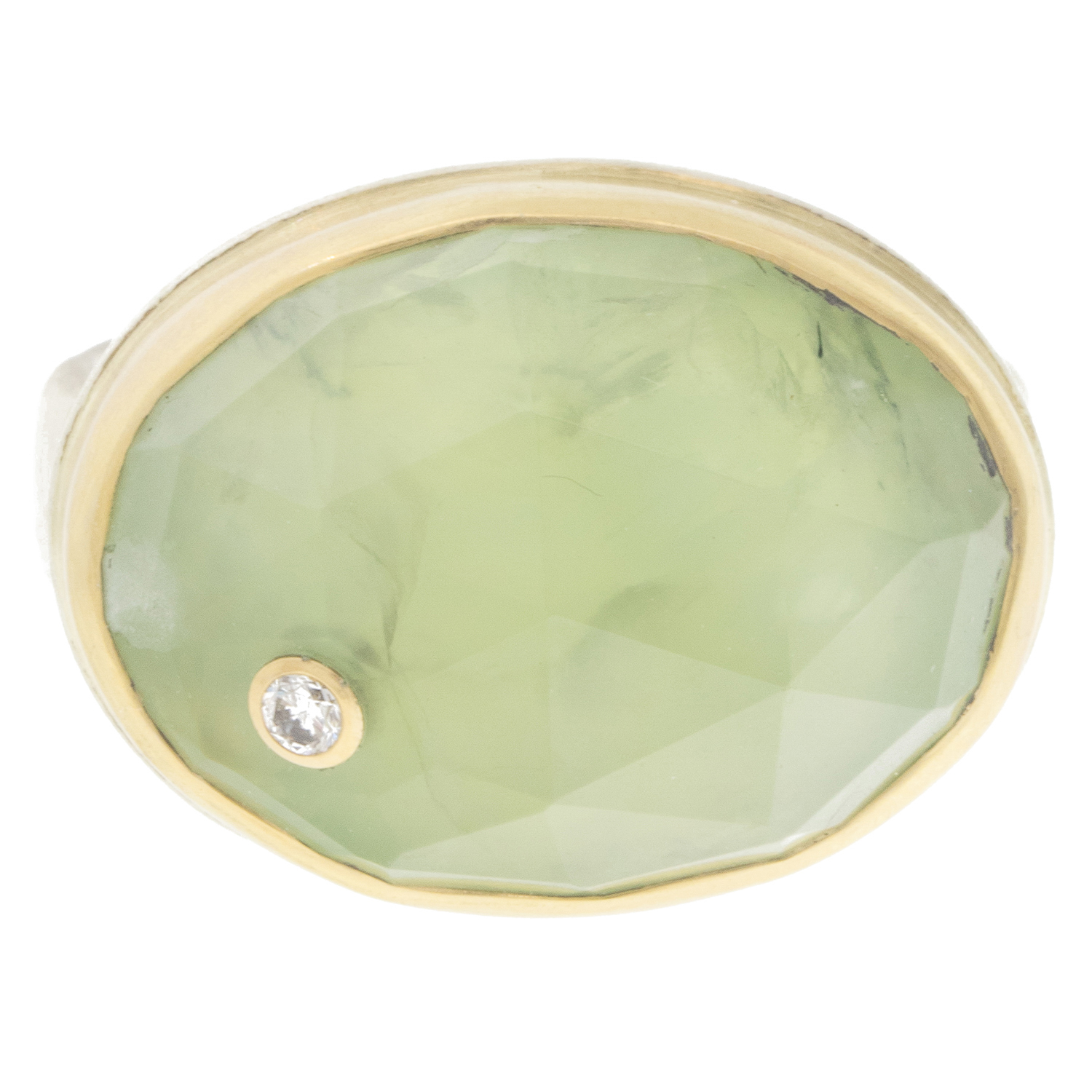 Jamie Joseph: Sterling & 14K Gold Ring w/ Oval Rose Cut PREHNITE& .03 ct Diamond on Comfort Band size 8 9/16" x 3/4"