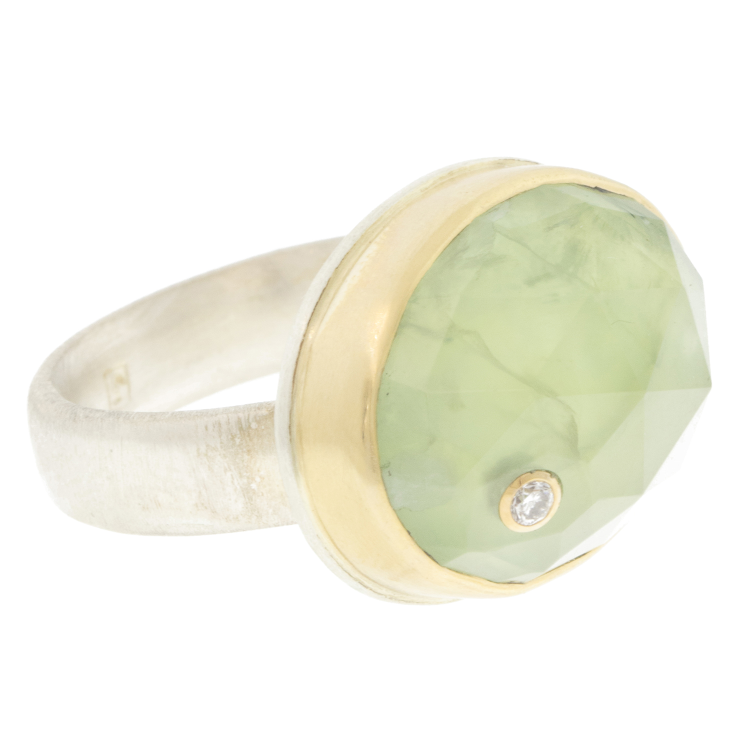 Jamie Joseph: Sterling & 14K Gold Ring w/ Oval Rose Cut PREHNITE& .03 ct Diamond on Comfort Band size 8 9/16" x 3/4"