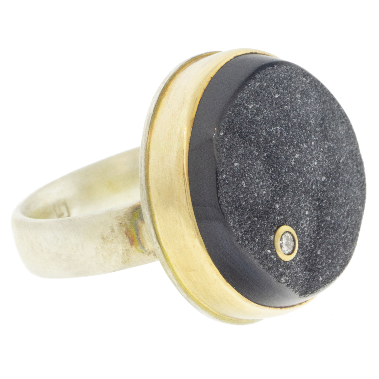 Jamie Joseph: SS & 14k gold ring w/Round Brazilian Black Drusy & .03 TCW Satellite diamond on Comfort Band 11/16" in diameter size 7.5