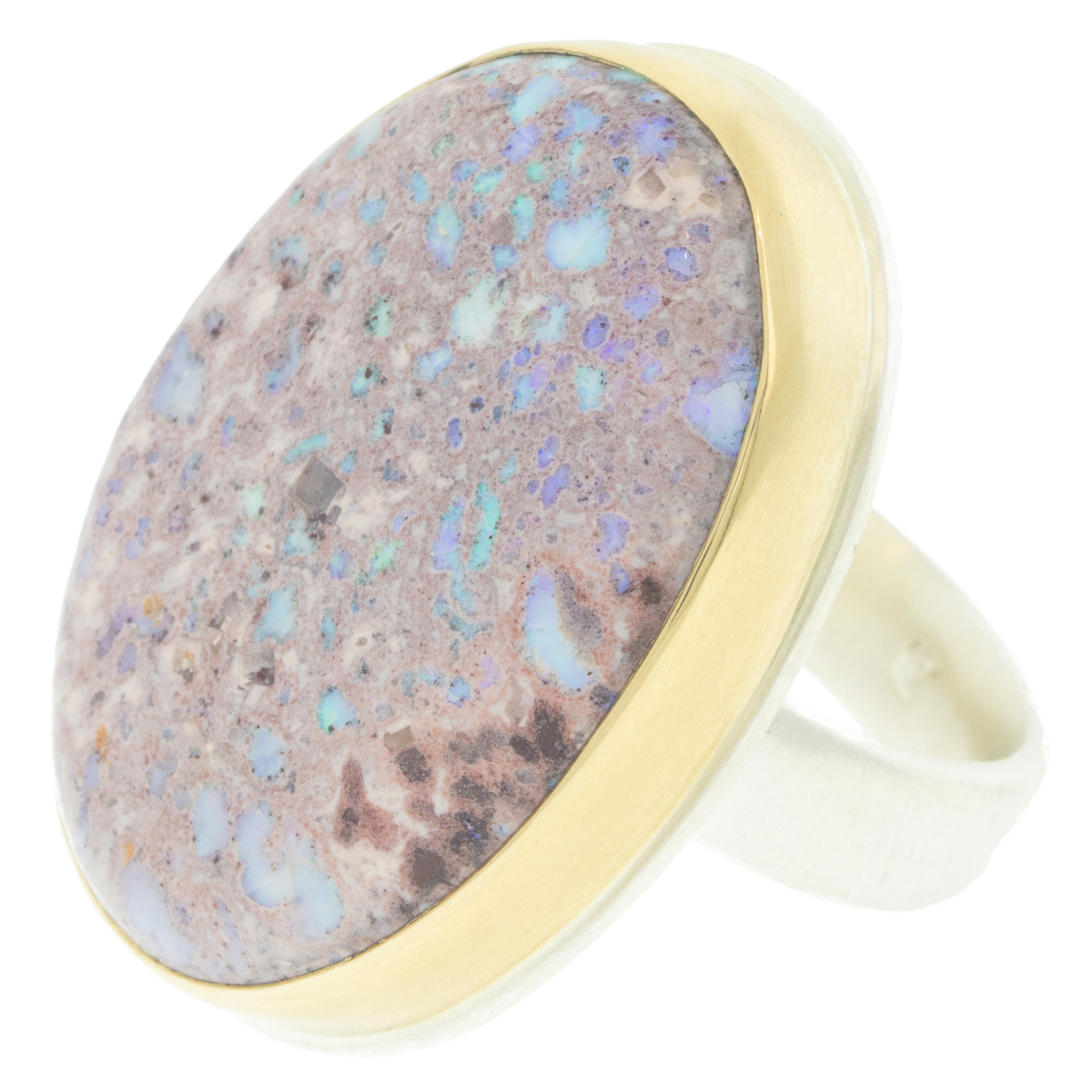 Jamie Joseph: MEXICAN FIRE OPAL Sterling & 14K gold Ring w/ large vertical oval on comfort band, size 8 Measures 1 1/16" x 3/4"