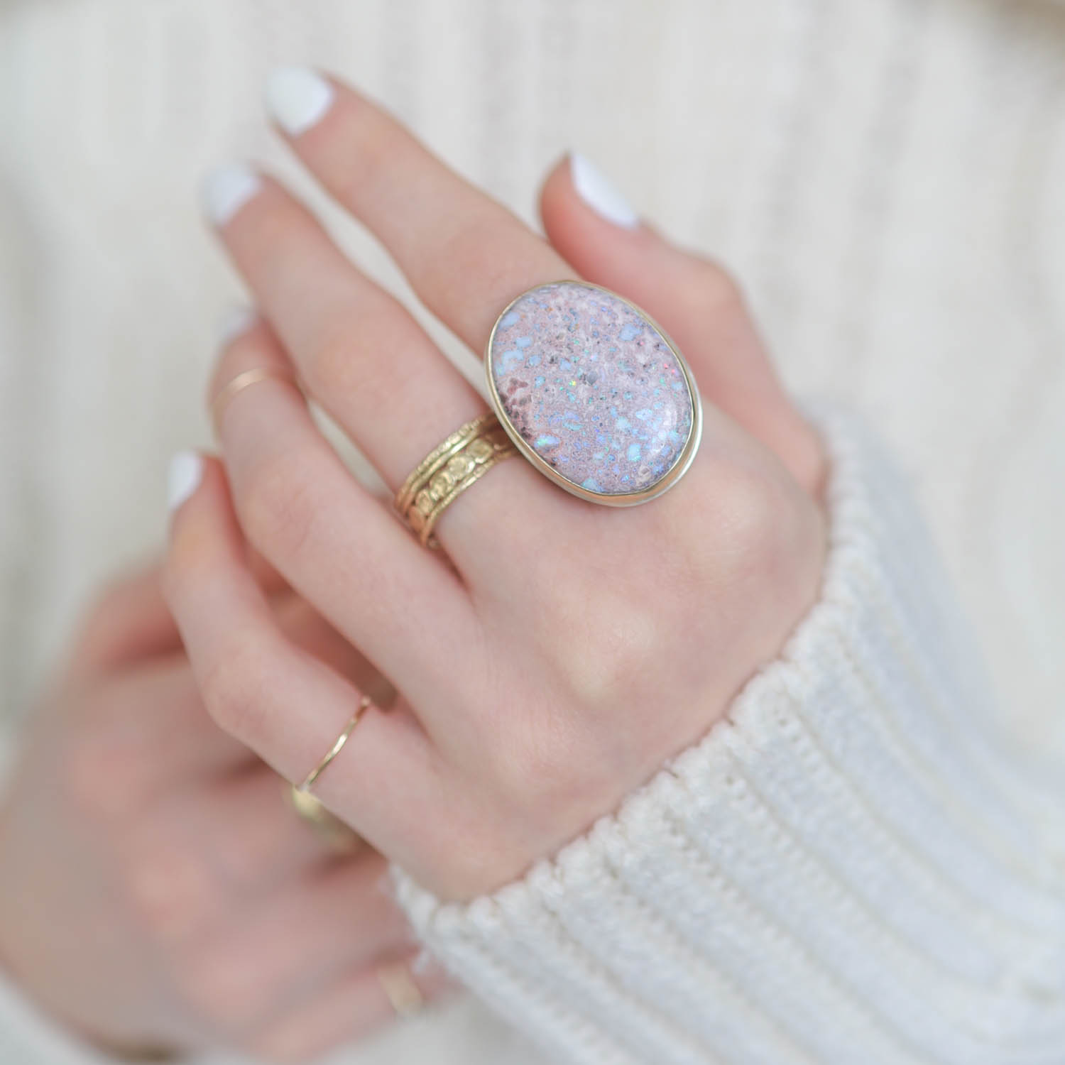 Jamie Joseph: MEXICAN FIRE OPAL Sterling & 14K gold Ring w/ large vertical oval on comfort band, size 8 Measures 1 1/16" x 3/4"
