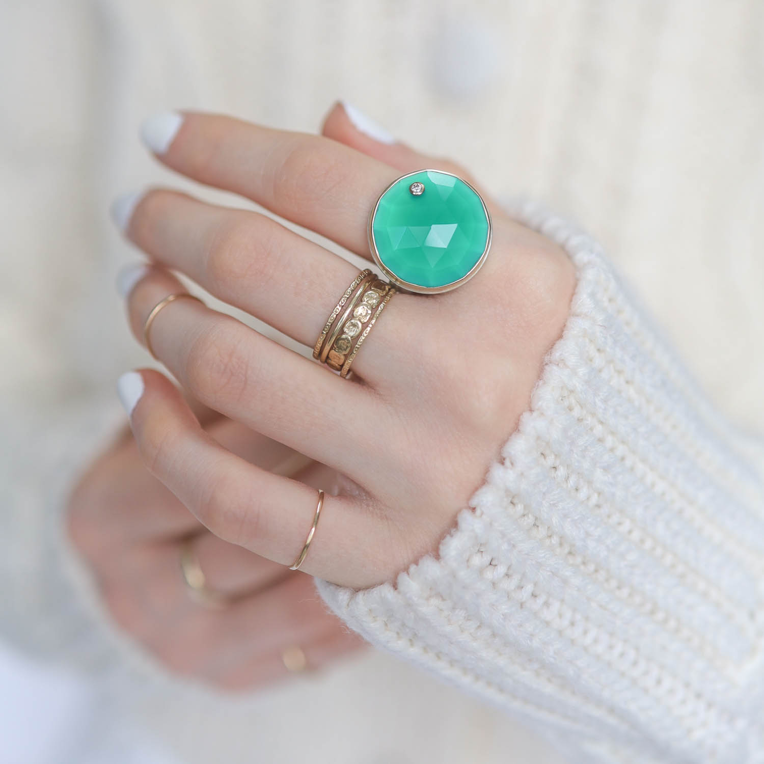 Jamie Joseph: green onyx Sterling and 14K gold ring w/ round rose cut and .03 ct diamond on comfort fit band sz 8 .25