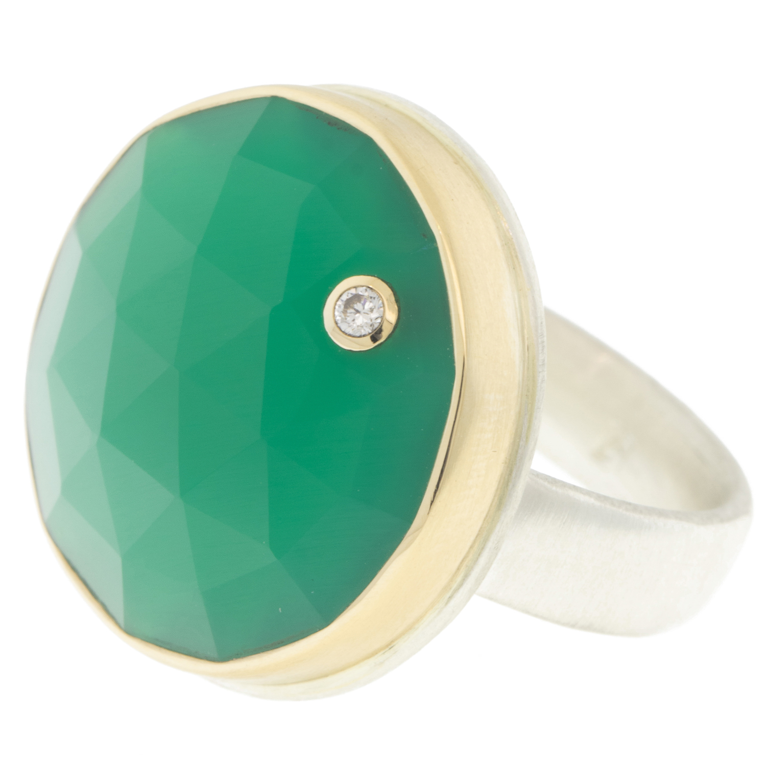 Jamie Joseph: green onyx Sterling and 14K gold ring w/ round rose cut and .03 ct diamond on comfort fit band sz 8 .25