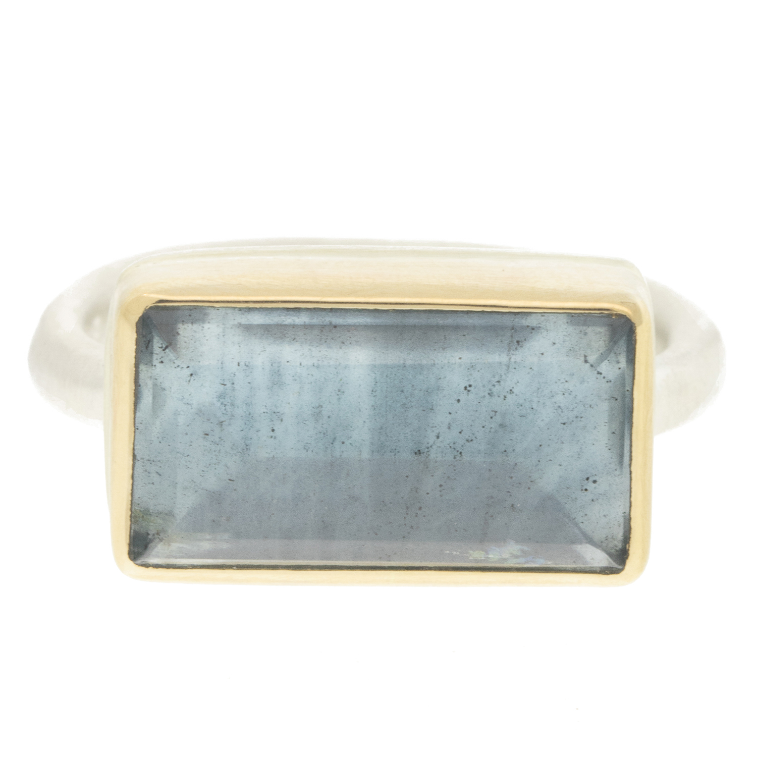 Jamie Joseph: Ring, Sterling & 14K Gold Ring w/ Small Rectangular Inverted MOSS AQUAMARINE on Egyptian Band size 7 1/4, Measures 3/8" x 5/8"