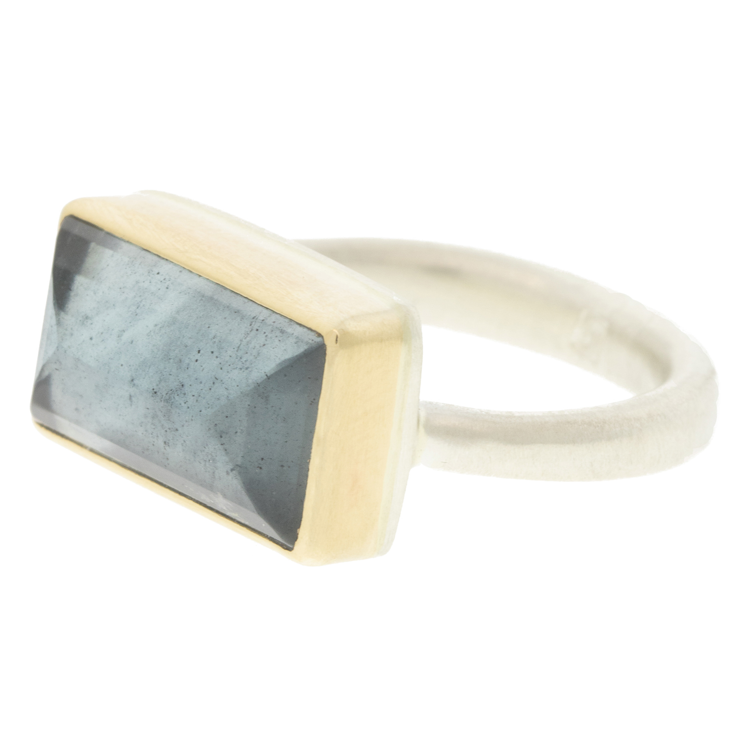 Jamie Joseph: Ring, Sterling & 14K Gold Ring w/ Small Rectangular Inverted MOSS AQUAMARINE on Egyptian Band size 7 1/4, Measures 3/8" x 5/8"
