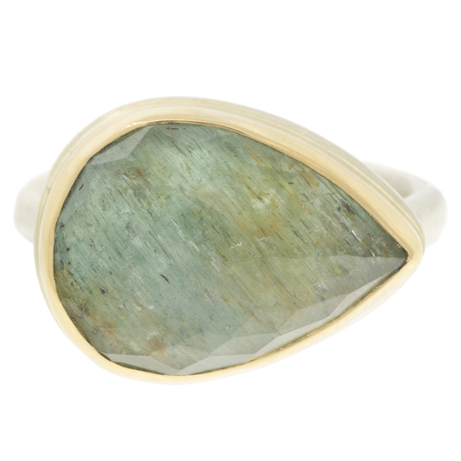 Jamie Joseph: Sterling & 14K Gold Ring w/ Teardrop Inverted MOSS AQUAMARINE on Egyptian Band