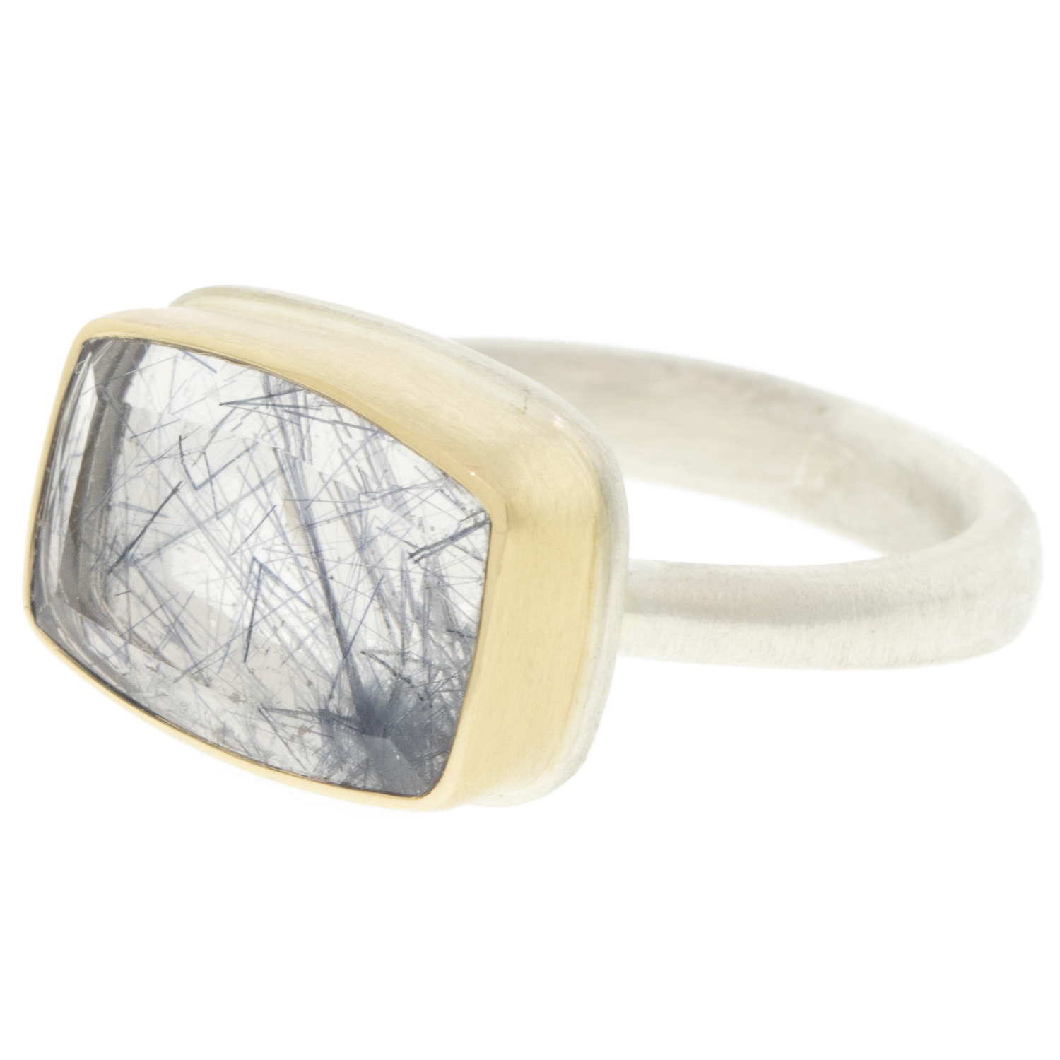 Jamie Joseph: Dumortierite Quartz Ring, Sterling & 14K Gold Ring w/ Small Rectangular Table Up on Egyptian Band, size 6 3/4 Measures 3/8" x 9/16"