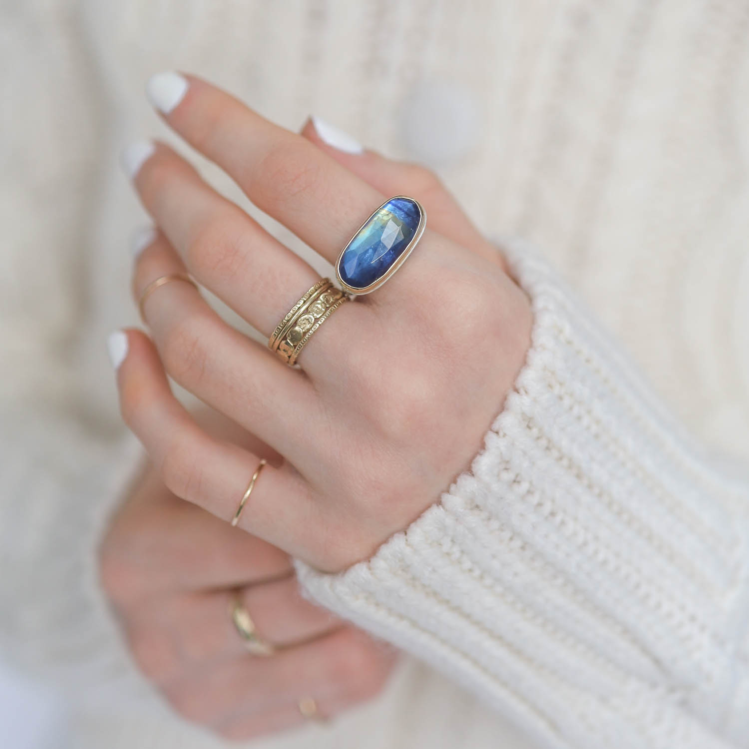 Jamie Joseph: Ring, Sterling & 14K Gold Ring w/ oval Rose Cut Rainbow Moonstone on Egyptian Band, size 7 1/4 Measures 3/8" x 3/4"
