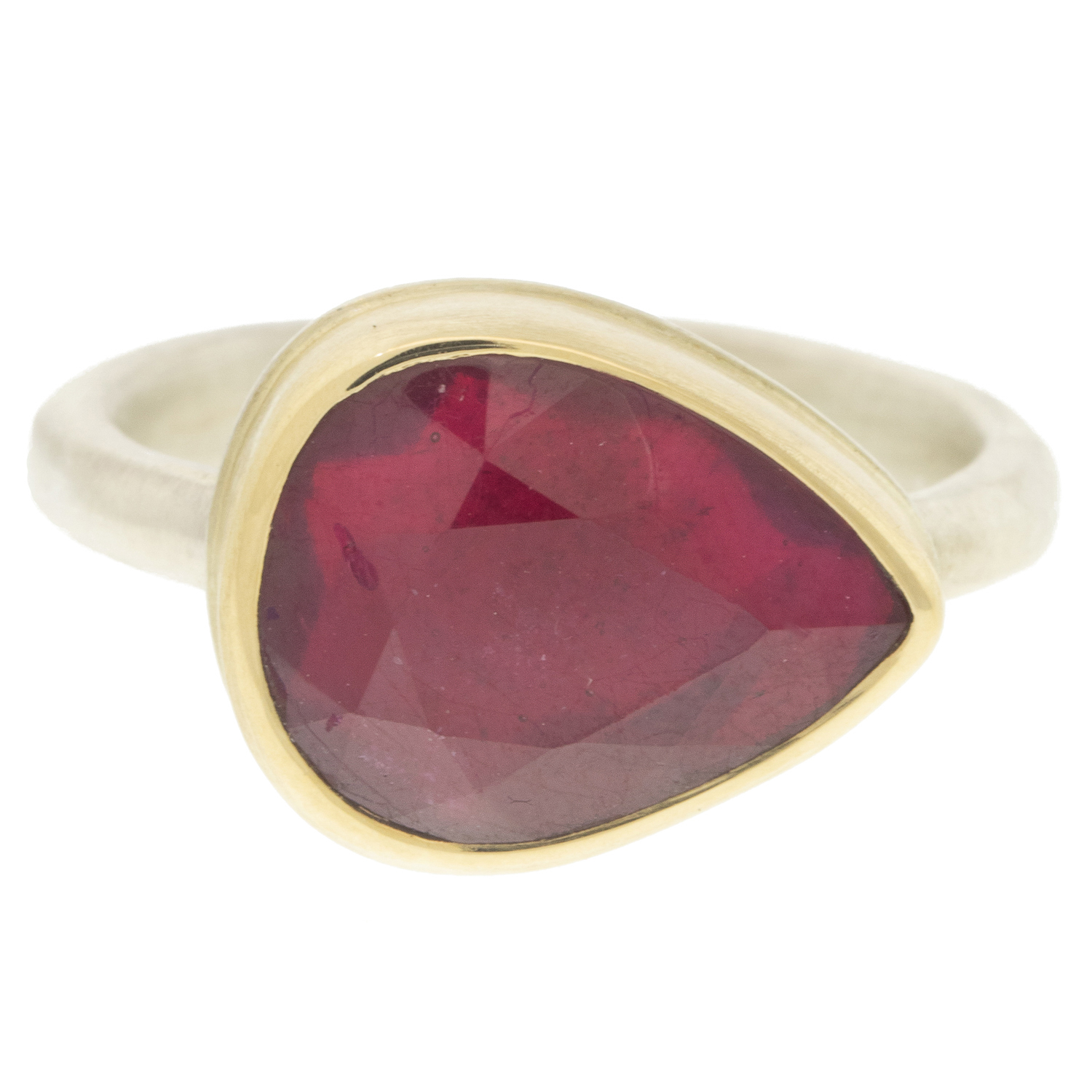 Jamie Joseph: Sterling & 14K Gold Ring w/ Small Teardrop Table upAFRICAN RUBY (Heat Treated) on Egyptian Band size 7.75 7/16" x 1/2"