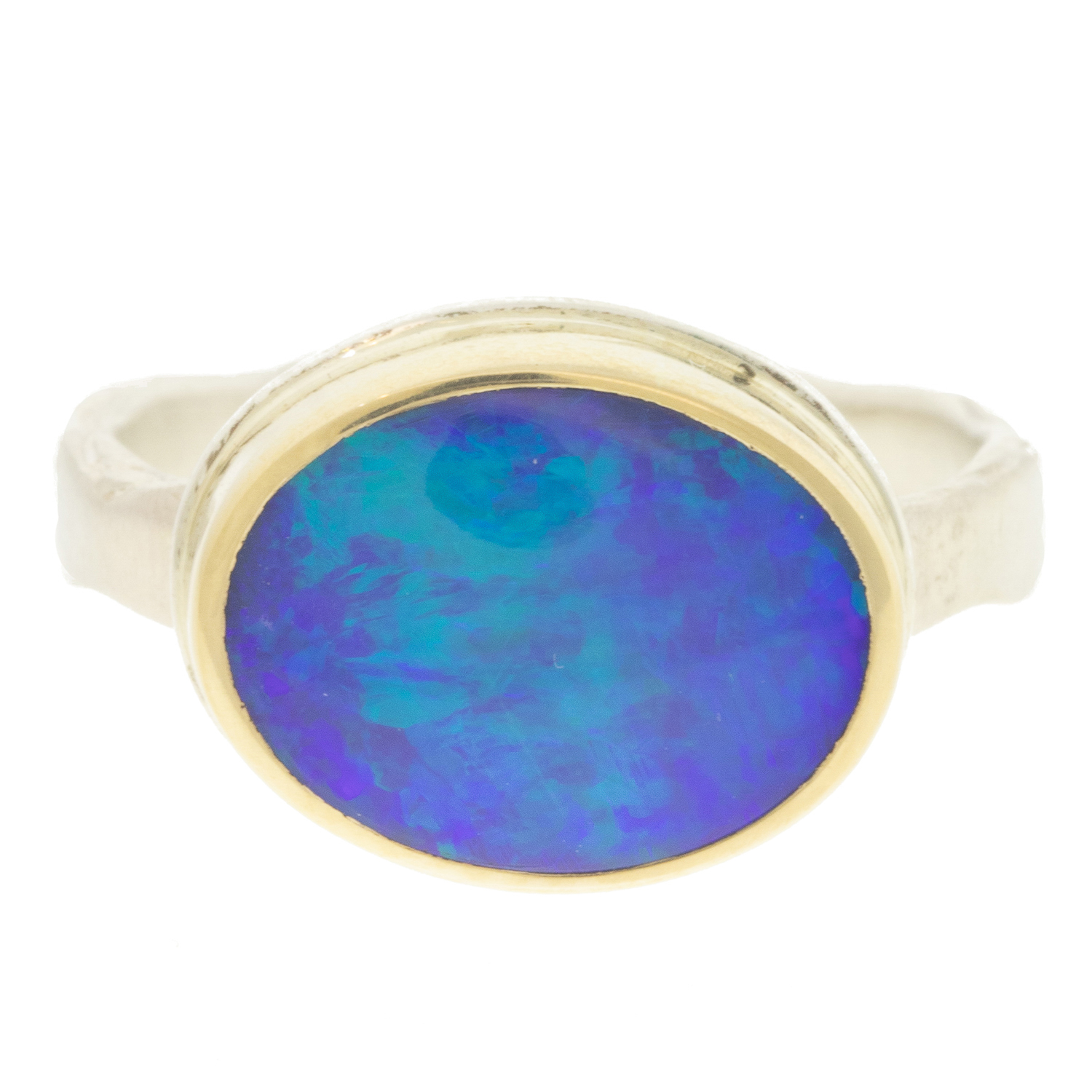 Jamie Joseph: Sterling & 14K Gold Ring w/ Small Oval AUSTRALIAN OPAL on Eroded Live Edge Band, size 6 3/4, 3/8" x 1/2"