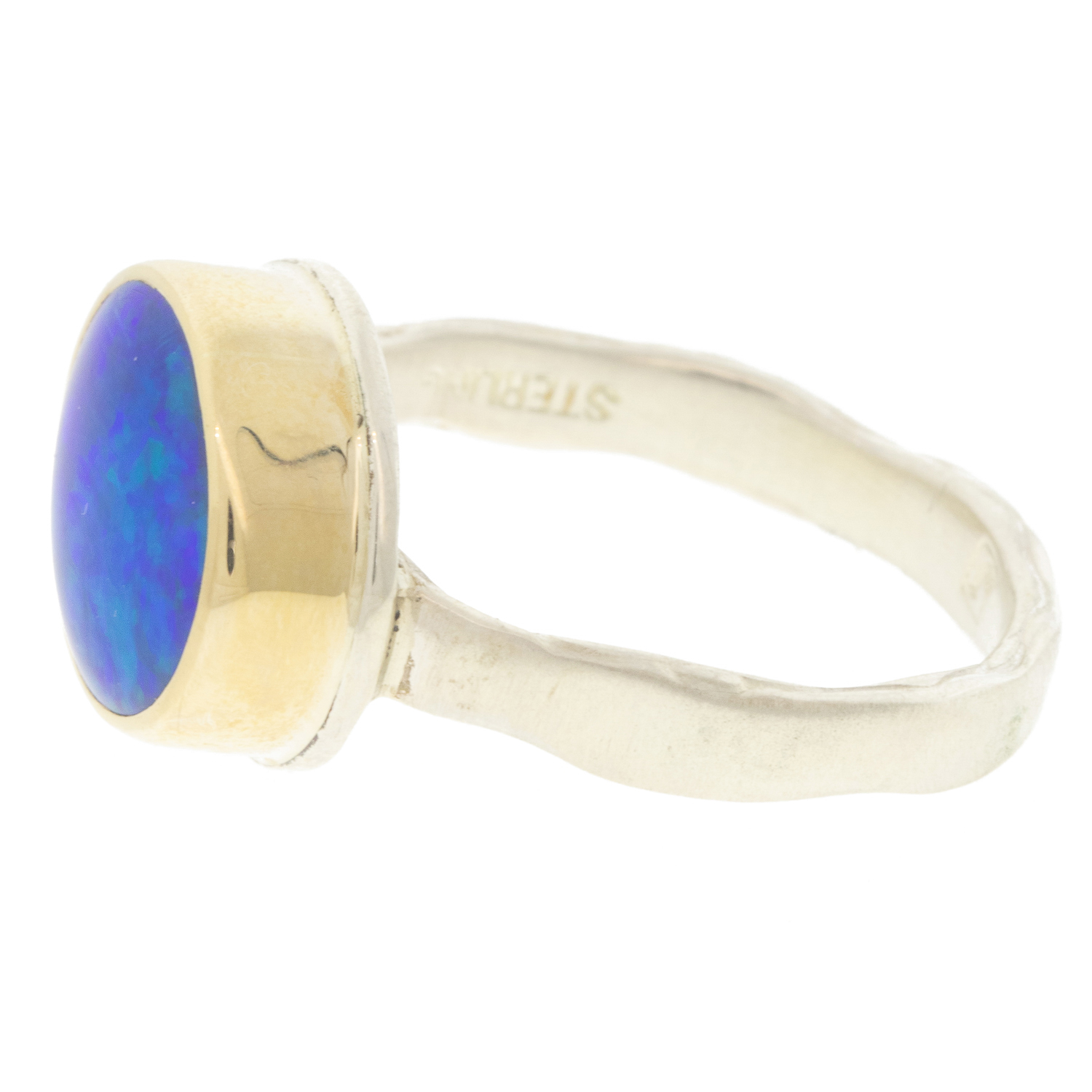 Jamie Joseph: Sterling & 14K Gold Ring w/ Small Oval AUSTRALIAN OPAL on Eroded Live Edge Band, size 6 3/4, 3/8" x 1/2"