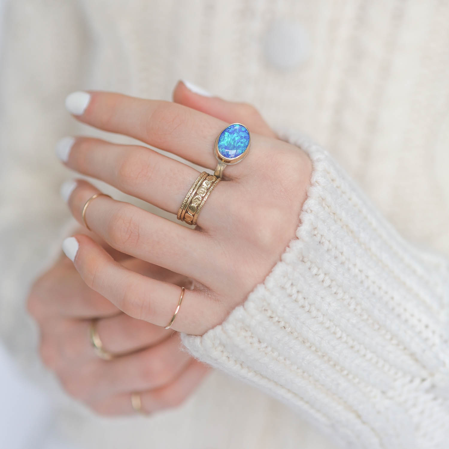 Jamie Joseph: Sterling & 14K Gold Ring w/ Small Oval AUSTRALIAN OPAL on Eroded Live Edge Band, size 6 3/4, 3/8" x 1/2"