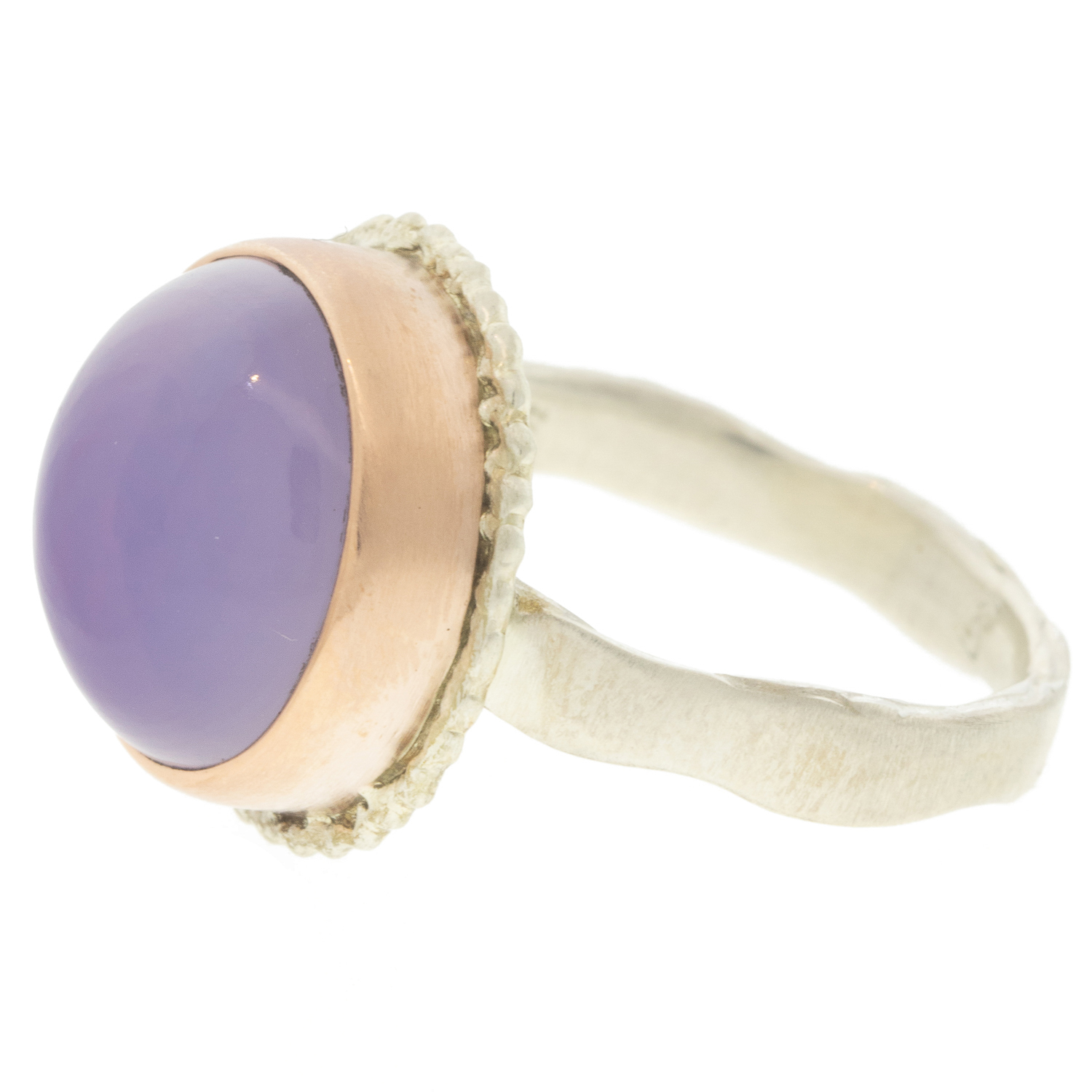 Jamie Joseph: Sterling & 14K Rose Gold Ring w/ Small Round Smooth LAVENDER AMETHYST on Lava Platform and Eroded Live Edge Band, 7.75, 1/2" in diameter
