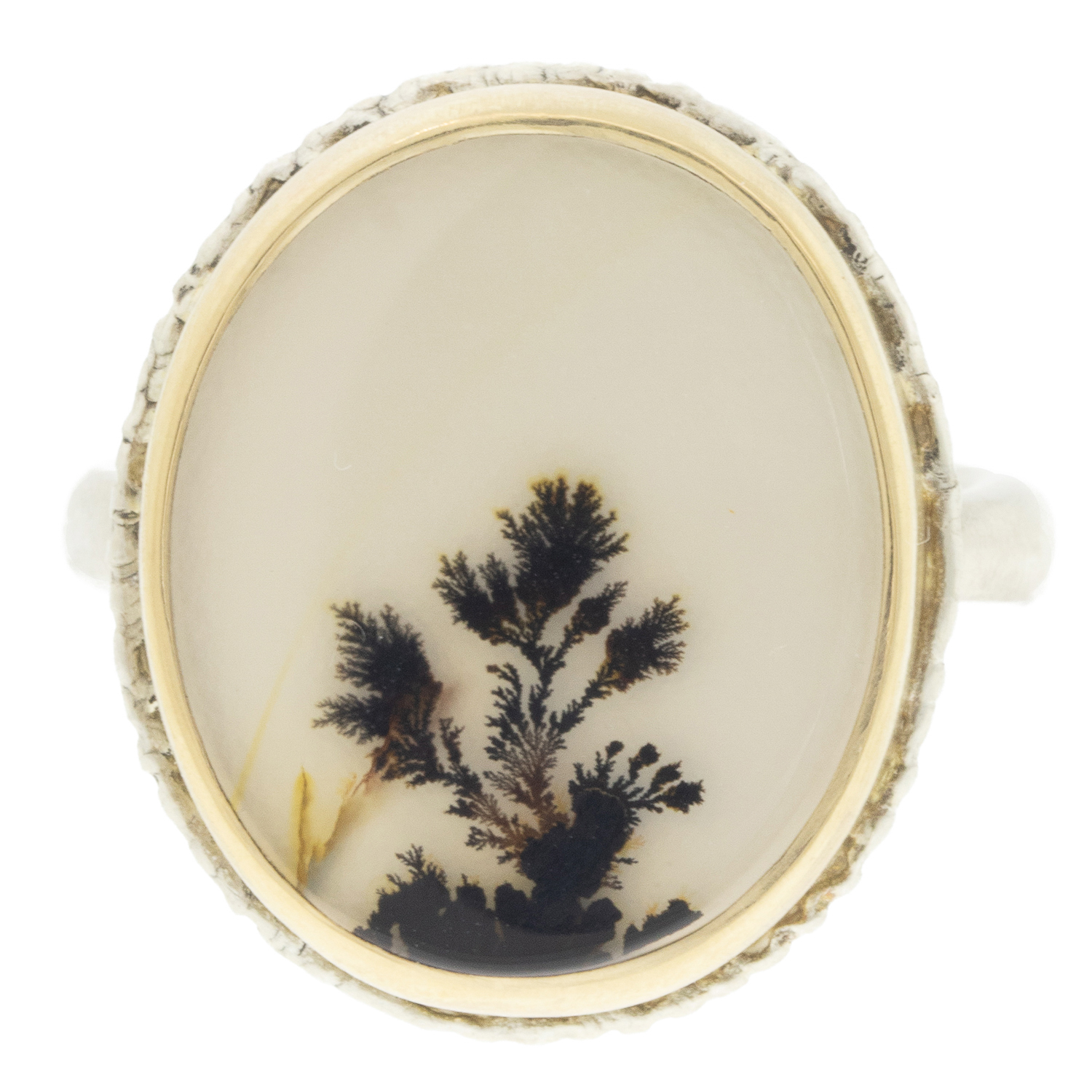 Jamie Joseph: Sterling & 14K Gold Ring w/ Vertical Oval DENDRITIC AGATE on Lava Platform and Egyptian Band size 7 11/16" x 9/16"