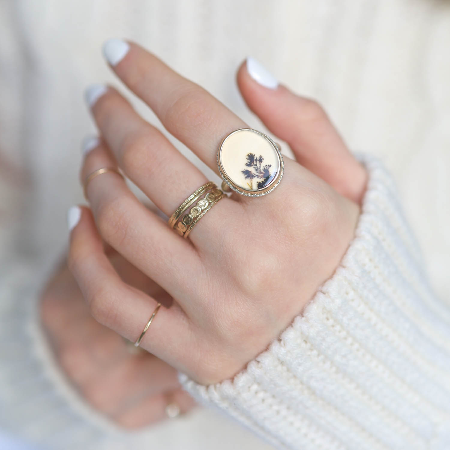 Jamie Joseph: Sterling & 14K Gold Ring w/ Vertical Oval DENDRITIC AGATE on Lava Platform and Egyptian Band size 7 11/16" x 9/16"